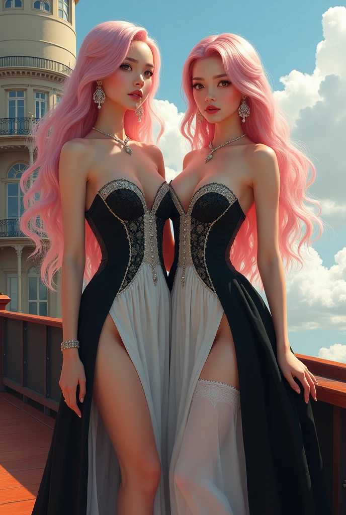((realistic)), (detailed), 2girls, white hair, vivid purple eyes, tall, lovely and slender legs, long hair, rounded breasts, cleavage, kissing, very low-cut dress, vibrators in vagina, anal beads, walking on the street