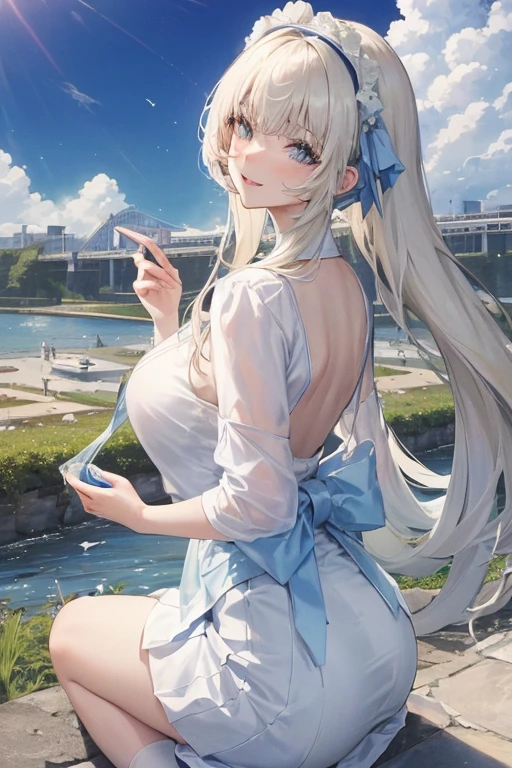 Official Art, masterpiece, Clear focus, (beautiful, Beautiful and lovely Korean woman:1.3), (Beautiful and cute Korean:1.3), Korean beauty, 精致beautiful头发、Eyes and face, Practical, Extremely detailed, beautiful女孩, Blue sky, Glowing white particles, (Side Light:1.2), Sunlight, White Cloud, Detailed clouds, Slim, Such a cute big ass, Smile with teeth bared, ((Smile with your eyes, Open your eyes)), landscape, Long straight hair, Sexy facial expressions, architecture, (城市landscape:1.7), Dynamic Hair, very Long straight hair, Delicate platinum-blonde hair, Green Eyes, Pink skirt, Black socks, Pale skin, Hair accessories, epic landscape,,White high heels,Beautiful butt,beautiful buttocks,There's nothing under the skirt.,weight loss
