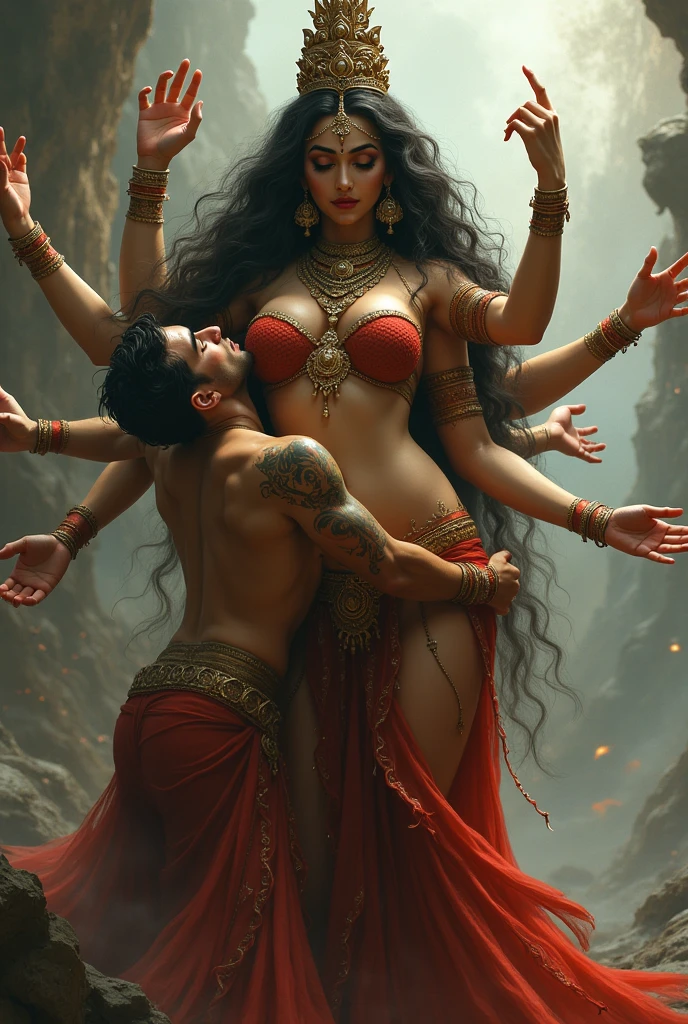 Highly detailed image, front facing goddess semi nude bending forward kali mata with her tounge out, ten arms,wepons and damru in each hand, in trance, big boobs while lord shiva with his trident, hugging her from behind, squeezing breast his snake is coming out between her legs touching her covered vagina