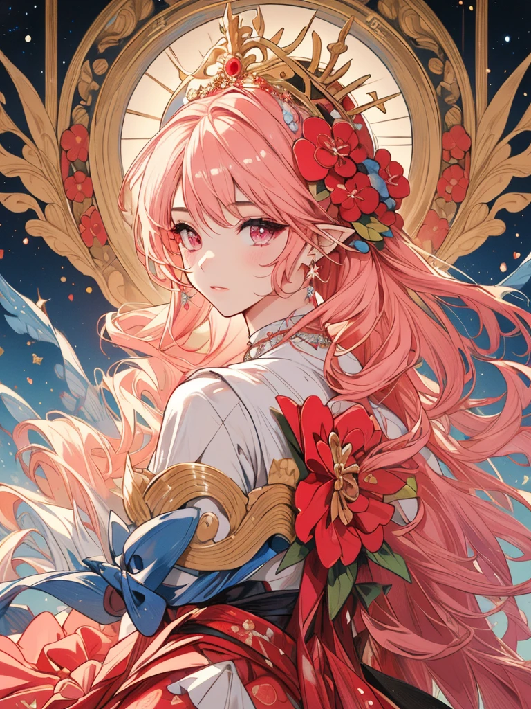 ((masterpiece, ultra quality, official art, beautiful and aesthetic:1.2)), (1lady:1.6), anatomically correct, colorful, ultra highres, unity 8k wallpaper, extreme detailed, pretty, (mandala, tangle), detailed face, divine light, gold leaf art, gold foil, sparkling paintings, long pointy ears, pink eyes, pink hair, iridescent dress, jeweled necklace, elegant tiara, view audience, (long shot painting), tarotcard, (flamenco:1.6), dancing queen, Ukiyo-e,