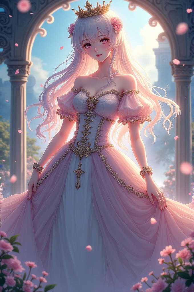 Young girl with delicate features, thin but cute face, light white skin with a slight blush, glowing light blue eyes, soft pink lips, Very long, slightly wavy brown hair with pink highlights, wearing a heroine outfit consisting of a white leotard with cute and delicate details in ruffles and lace and the sleeves cover the entire arm, on the hips in the back there are ruffles that imitate a white skirt and on the feet are white boots that go up to the knees and have crystal details. She is inside a castle with a mystical and beautiful air.. 