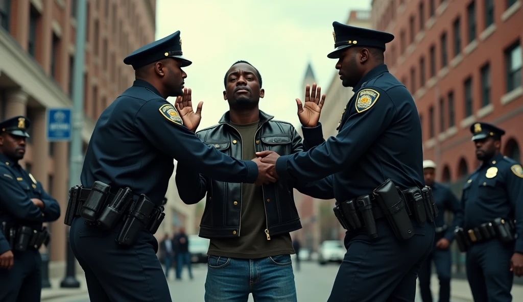 A police officer holding a person under arrest 