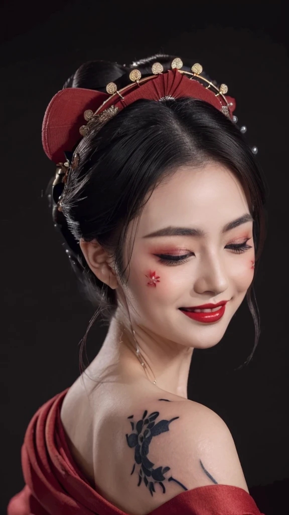 ((Top quality, 8k, Masterpiece: 1.3)), Sharp focus :1.2,   ((geisha with tattoees)).   ((detail of tattooed skin texture)).   ((Body slim thin captivating)).   ultra-detailed face,   highly detailed lips,    detailed eyes,   long eyelashes,    Make-up face.   Red lipstick.  hair accessories,    hair Bun,  elegance,    enchanting,

((Red kimono)).  

((Only shows the face)).     ((Only shows the face)).    make-up face with lipstick,    ((spoiled smile)),    both eyes closed,     both eyes closed,     both eyes closed,    both eyes closed,      both eyes closed,    both eyes closed,     ((Dark background))