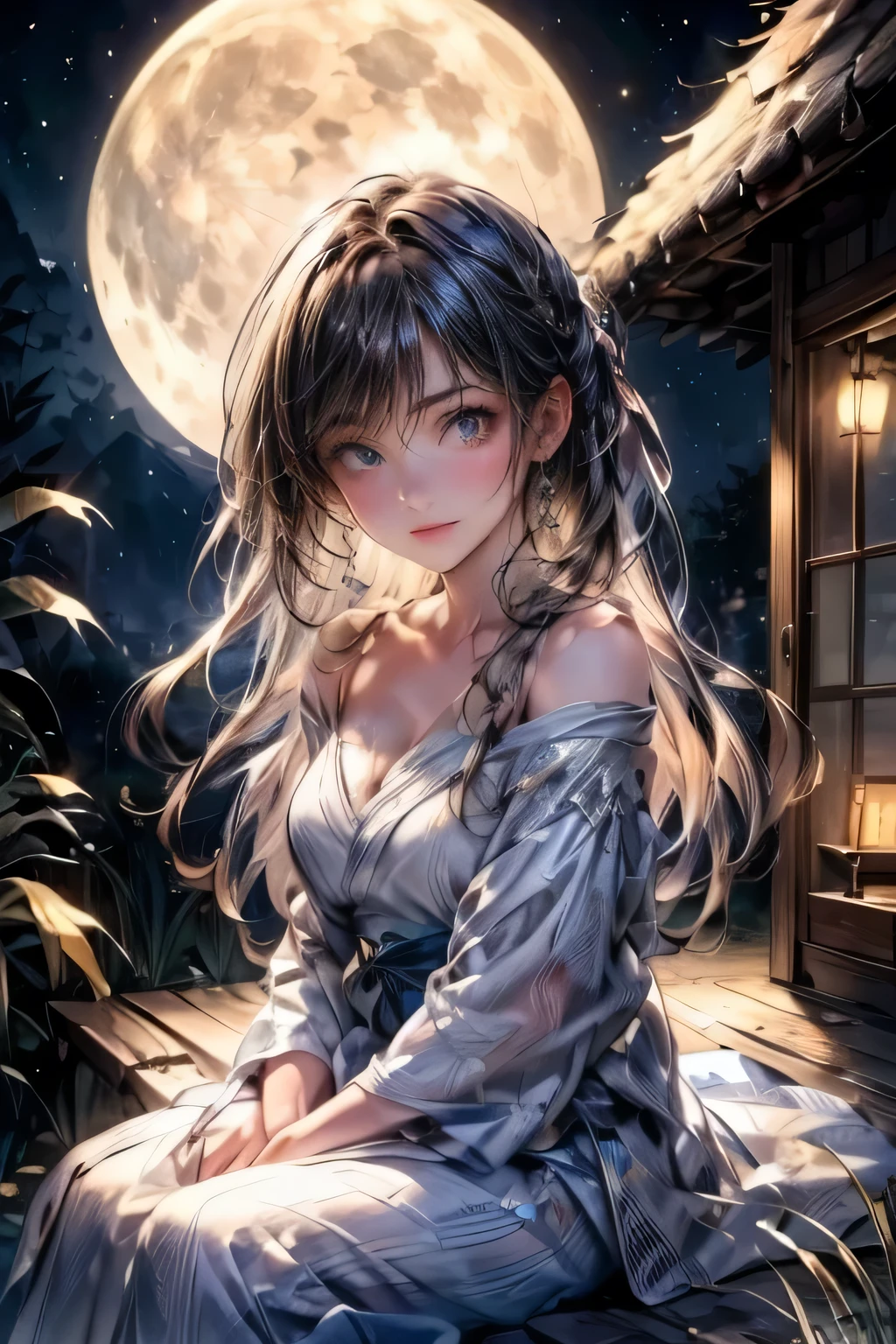 Cinematographer,(Ultra resolution 8K),The most beautiful girl, The most beautiful, Cabello largo, (cabello blanco), ((ojos celestes)), (mirada bien detallada)mirada serena, Looking through the window,la luna llena,el firmamento, vestido de seda, oversized buttocks