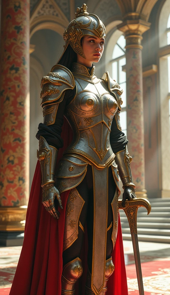 ((masterpiece, Highest quality, High resolution, 8K wallpaper incorporating highly detailed CG)), (Huge and stunning goddess shot, Very hot and sexy, Great beauty, Perfect Proportions, Beautiful body, Slim body beauty:1.3), (A medieval Female Knight in luminous armor:1.5), (Her long blonde hair is tied back., Wearing armor on bare skin, Red cape on the back, Exquisitely crafted, Armor with great attention to detail, With a sword hanging from a wide belt:1.5), (I will add text, Camel Toe:1.5), I can see your thighs, View from above, Female Knight, 「Unlimited」"Please put your hands up and kneel down".,