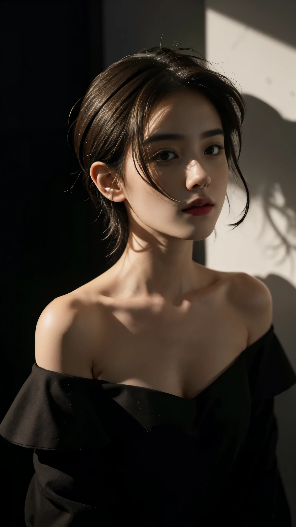 Best quality, masterpiece, ultra high res, (photorealistic:1.4), raw photo, 1girl, offshoulder, deep shadow, low key, cold light, chiaroscuro, grey background