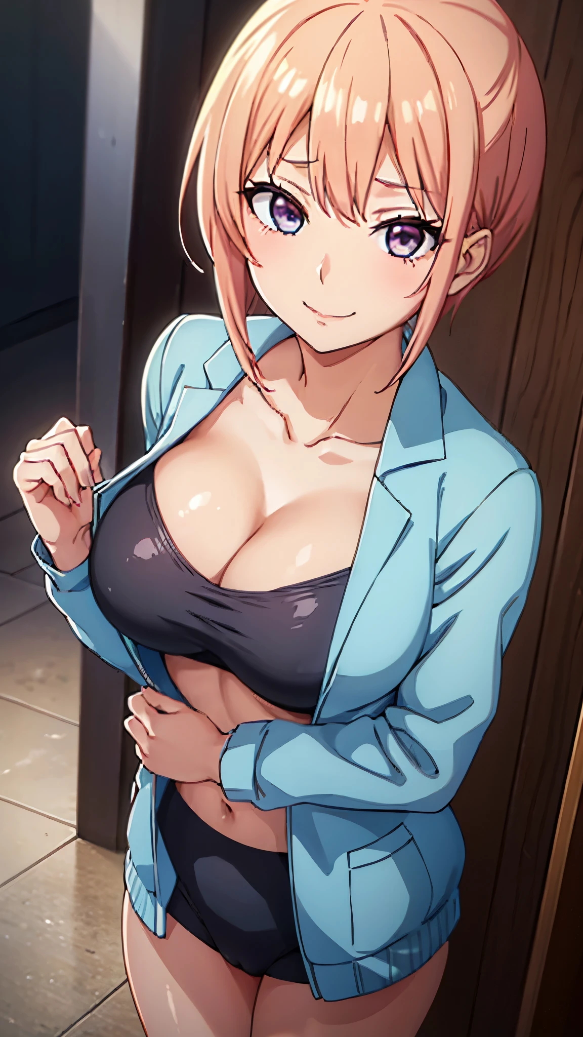 (((masterpiece))),fuyumi itadori, Anime girl characters, 1girl, solo, looking at viewer, medium hair long sleeves, cleavage, bigger breasts, closed mouth, collarbone, jacket, open clothes, open jacket, blue jacket, ground vehicle, sports bra, tall girl, horny, big ass, beautiful face,Charming,  anime visual of a cute girl, screenshot from the anime film, & her expression is solemn, ahegao face, in the anime film, in an anime, anime visual of a young woman, she has a cute expressive face, still from anime, perfect breasts, she is tall, All bodies visible, ahegao face, the face is ahegao, she is horny, A perverted face, she so perverted, she smile so perverted, hd picture, 4k quality, details of the face is so good,bigger breasts, ,change her face and make her face hd and pretty😍, make her face like nakano ichika , she is masturbating