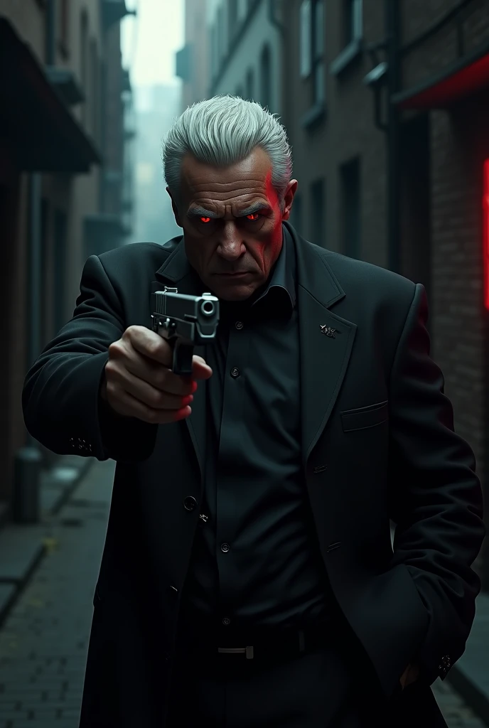 draws a white 2 man with a tone of white hair combed back subtly, sitting on a pile of bleeding corpses holding a rifle, steampunk style, the boy has a scar on the right side of his face, a tiger's claw (make it noticeable the scar on the face)