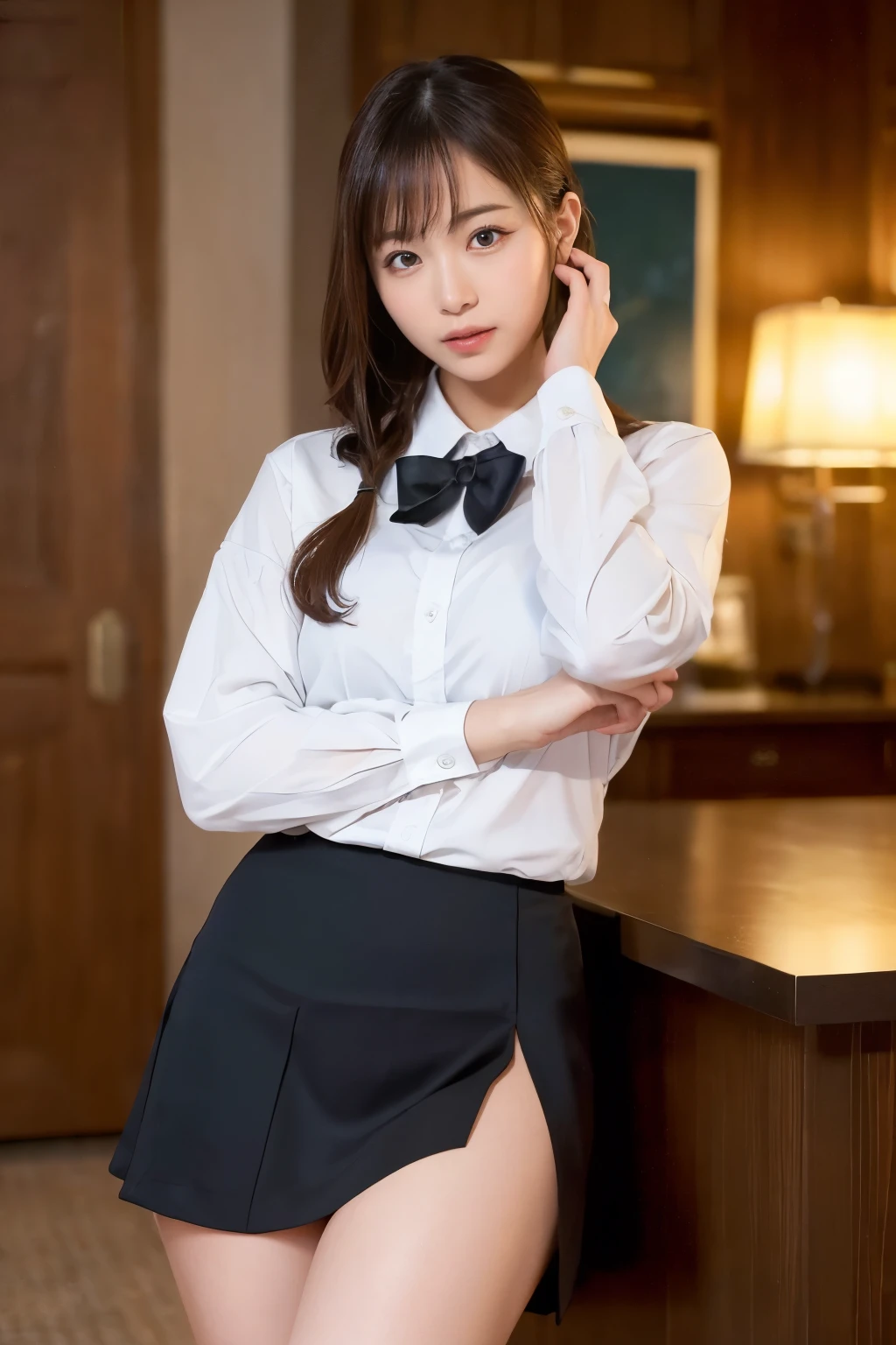 ((best qualitiy、8K、巨作:1.3))、a beautifu、17 year old girl1People only、Cane at desk、sitting in chairs、Laughing with white teeth、Ponytail bangs、(High School Girl)、(standing a、Legs wide open:1.3)、A slight smile、hyperdetailed face、detailed finger,Highly detailed lips、Detailed eye、Double eyelidd、(highschool uniform)、Ribbon on blouse、miniskirts、white panties、 glowy skin、large bast、large bast、Sexy Poses、sexy facial expression、Make eye contact with the camera、thights、