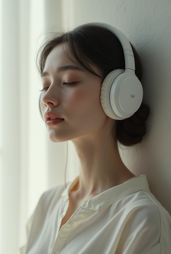 a beautiful girl listening to music with headphones on her ears on the stairs under an angel statue, detailed face, detailed eyes, detailed lips, beautiful dress, sunlight, high quality, digital art, photorealistic, 8k, hyperdetailed, intricate details, dramatic lighting, warm color tones, cinematic, magical, lipstick 
