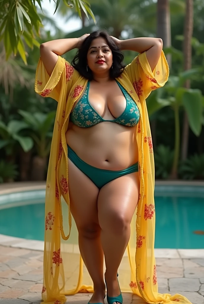 Wet MARRIED INDIAN BRIDE, full body picture , BBW Wet curvy, wet Desi MOMMY showing her big ass  in sexy sexy thong pattern bikini and showing cleavage and in nose ring, many bangles in hands,earings, necklace ,lipstick ,navel,Indian, Chubby, showing her curves in sea water, sea waves , rocks, Group of lesbian women 