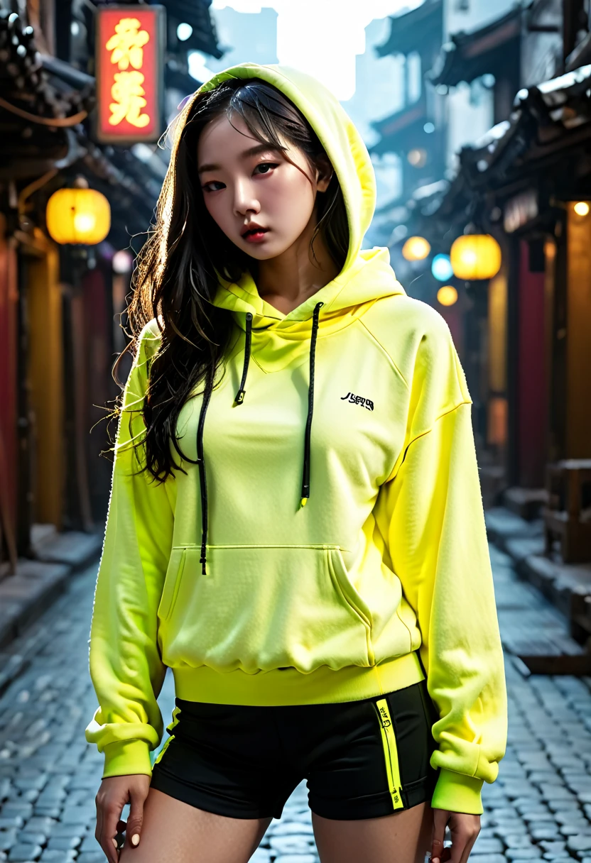 Masterpiece, 4K wallpaper, Masterpiece sci-fi ancient city, fantasy sci-fi, neon glow lights city, ( Subject ( 1girl, A cute korean women with beautiful hair, wearing an youth stylist oversized hoodie fashion, yellow and black stylist fashion, jumper hoodie and short solid cotton trousers, the hoodie stylist masterpiece.))
( Pose (Relaxed, with dance pose, masterpiece. Medium breast.))
( Setting (ultra realistic, sci-fi theme, A mystic environment, ancient city of the past with neon glow lights and a glow light portal.))
( Face ( absolute detail of face masterpiece, detail skin pores masterpiece, oil skinny, beautiful japanese girl, detail of face.))
( Perfect human body, perfect human fingers)
( The lighting of the girl is clear and bright, (Dramatic side lighting with a warm and cool light masterpiece, absolute face and body lighting teqnique, sunlit glow and light rays, masterpiece object lighting and detail.))
(detail of absolute futuristic fashion a masterpiece), rahnday style photography, the sense of photography), sea art infinity.)
( Style (Hyper-realistic, cinematic, with a focus on detail and texture, octan render 4K quality masterpiece.))
( Technical Specifications (Shot from a medium long shot, with a Fujifilm XT-4 with Fujinon 50mm lens at f/1.2.))
(((Additional Notes)
 ( Focus on Key Elements (Emphasize the woman, her clothing, and the dramatic city backdrop.))
 ( Visual Effects (Include cinematic grains, falling glow particles, and a blurred background with absolute fog.))