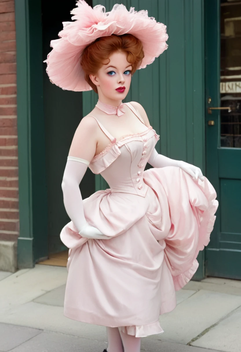 A sexy **** voluptuous ginger Gibson Girl waking down a windy street. Year 1900. 1900_dr3ss. (((Frilly sleeveless top))), sash cinched around her waist, wide-brimmed picture hat with pink feathers, bare shoulders with (((long pink opera gloves))), (((mid-length skirt, petticoats, silk stockings, high-button boots:1.5))). Gorgeous youthful face, big blue eyes, pouty red lips. Massive ass