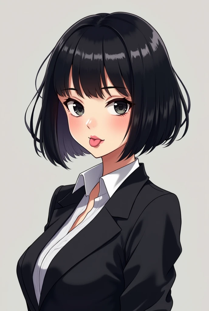 Black Hair、Boyish short hair、short hair like men、Hair that does not reach the shoulders、Big Breasts、Nice breasts、The eyes are light brown in color.、mysterious、What a lovely smile、Clothes are in suits、The shirt makes her cleavage visible、Write down to your feet