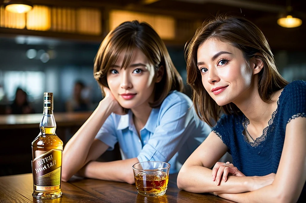 (Realistic, 超Realistic:1.4), 16K HDR, High resolution,Brown short hair,The best smile、Japanese actress,Super beautiful(Like the real thing),Short sleeve dress,Whiskey Bottle、The Macallan、Johnnie Walker、、Old Parr、whiskey、Suntory、Nikka、Slim couple、Model Couple、(Realistic, Intricate details:1.2), Full course dinner、Whiskey bottle and glass on the table、Single Malt、scotch、Rock Glass、Shot Glasses、Whisky on the Rock、Scotland、Amazing view of the sunset sky and clouds、,Digital SLR camera, Soft lighting, Detailed Background, Written boundary depth, Volumetric lighting, Sharp focus, super Realistic 肌,Very beautiful expression,Cloud Effect:1.2、プロ品質のHigh resolution、Realistic facial features,Best Quality,Slim figure,Highly detailed face,Highly detailed eyes,Beautiful Lips,Excellent light particles,Cinema Lighting,blue eyes,