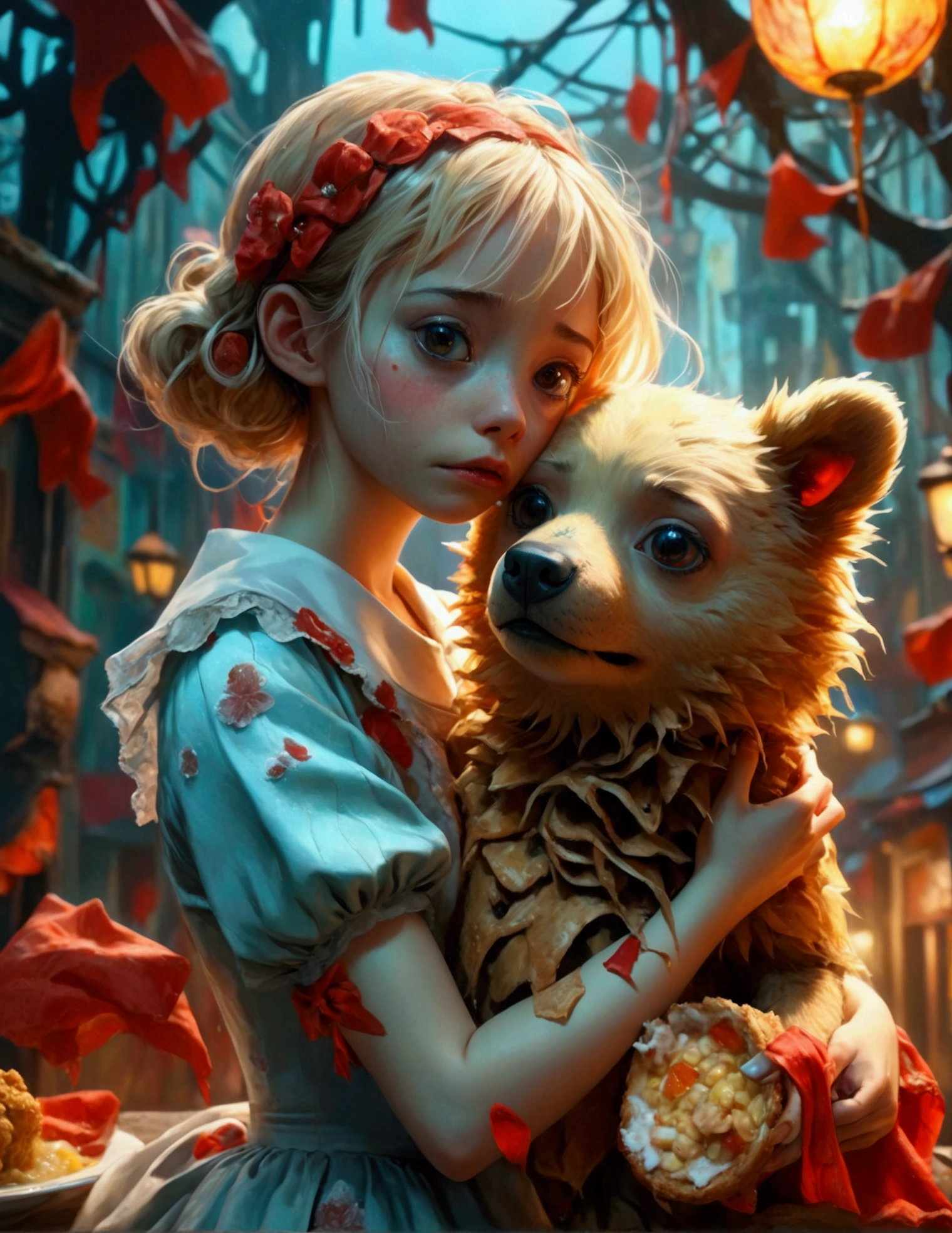 Girl clutching a torn and crumbled plush dog, its stuffing leaking through a rip in its fabric. Tears stream down her face. Wonderland's Twisted Collage: two bears holding a plate of chicken soup at a red light, hyperreal rendered film being cut, people in background crying. Alice's Poisoned World: Fragmented Reality in Haunted subdued Color Spectrum. Dark Fairytale Chaos, Wonderland Unraveled. Surreal and Dystopian introspective psychological layers. Prominent spiderweb glistening in moonlight. Cultural text elements interwoven. 32K Dark Fantasy. Psychological Surrealism inspired by Katsuya Terada's style. Ultra-detailed, realistic, photorealistic. 4k, 8k, highres, masterpiece:1.2