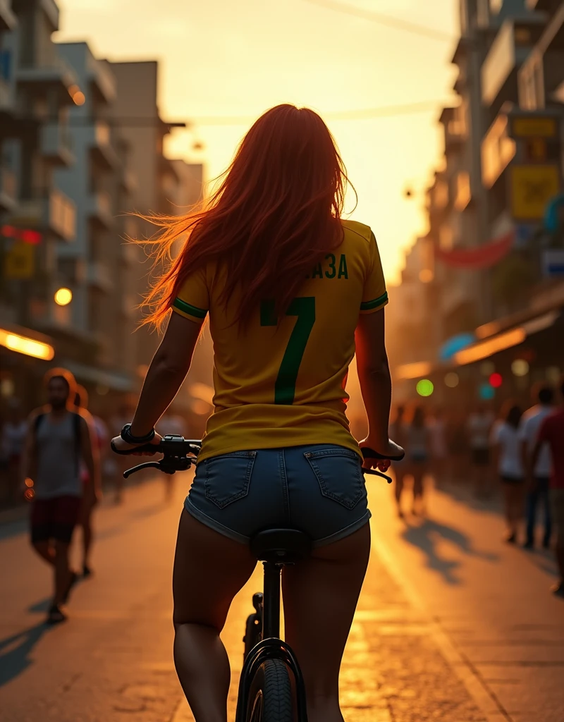 blonde woman with green eyes, with big breasts, big butt, perfect body, wearing a jean miniskirt, a yellow sleeveless blouse, with black leather boots and a short jean jacket, riding a bicycle in the city of Rio de Janeiro Brazil
