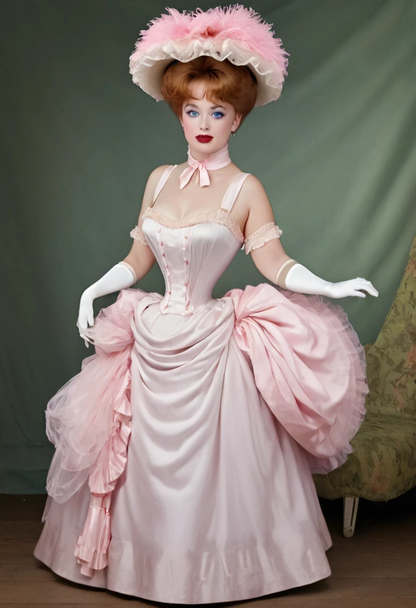 A sexy yo voluptuous ginger Gibson Girl sashaying alongt. Year 1900. 1900_dr3ss. (((Frilly sleeveless top))), sash cinched around her waist, wide-brimmed picture hat with pink feathers, bare shoulders with (((long pink opera gloves))), (((mid-length skirt, petticoats, silk stockings, high-button boots:1.5))), choker necklace. Gorgeous youthful face, big blue eyes, pouty red lips. Massive ass