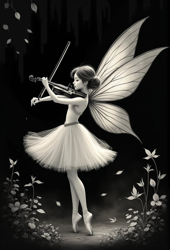 １Fairy, １８age、Front lighting、 HD Wallpaper, ,((In the woods:1.5)))、(((Playing the violin passionately:1.5)))、 High Quality Wallpapers,High quality ballet costumes、Beautiful tutu、 (((Ink Painting,女性もInk Painting:1.5)))、In the midst of rising dust、 Black Background、(It&#39;s on your back２Single blade)))、 8k、Monochrome、Add a black line to the border、Add contrast to the screen、Fallen leaves flying