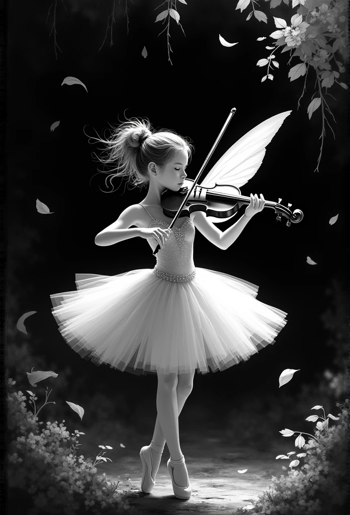 １Fairy, １８age、Front lighting、 HD Wallpaper, ,((In the woods:1.5)))、(((Playing the violin passionately:1.5)))、 High Quality Wallpapers,High quality ballet costumes、Beautiful tutu、 (((Ink Painting,女性もInk Painting:1.5)))、In the midst of rising dust、 Black Background、(It&#39;s on your back２Single blade)))、 8k、Monochrome、Add a black line to the border、Add contrast to the screen、Fallen leaves flying