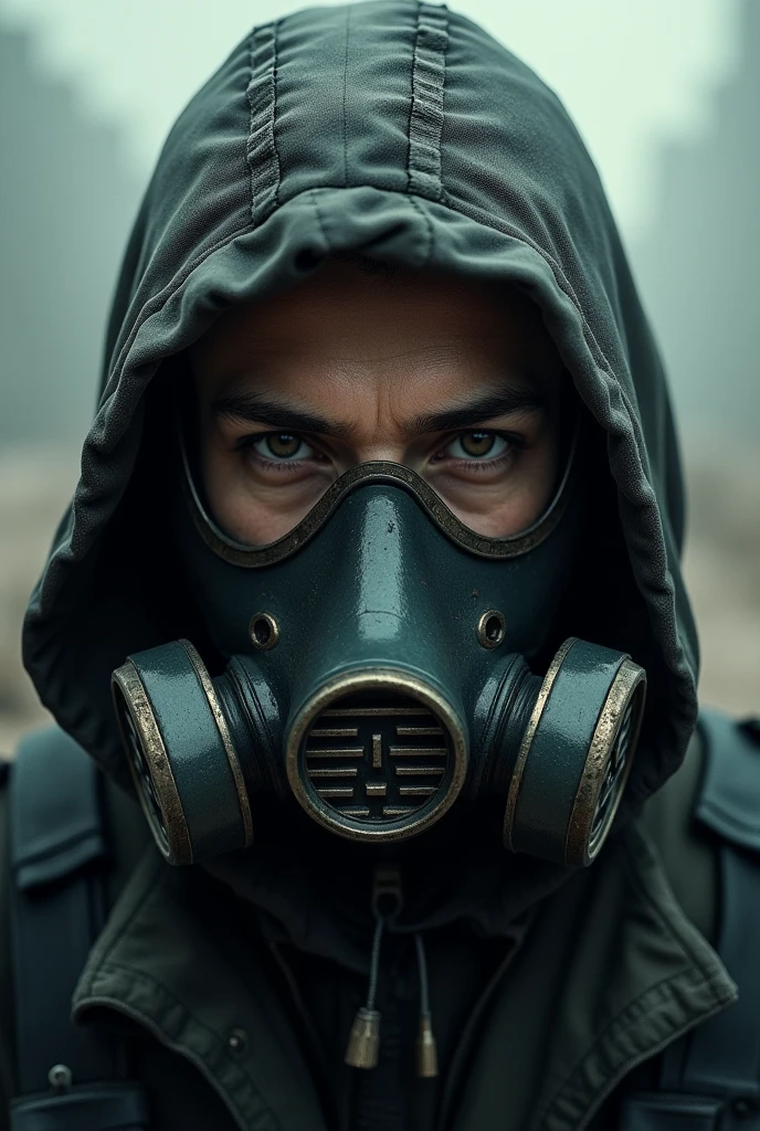 Create a male profile picture of just your face in 3D war mode with a scary gas mask