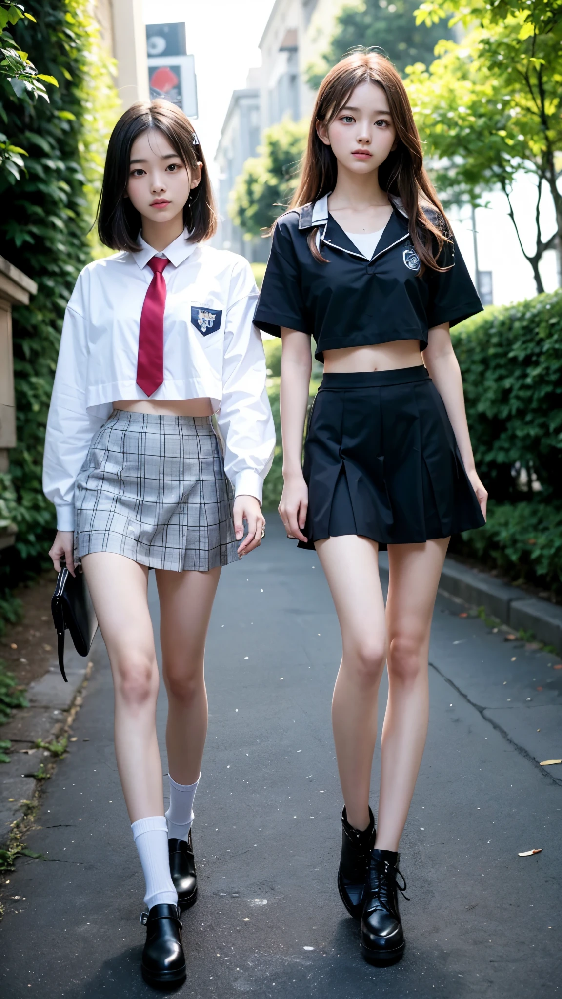 High detail, Textured skin, Very detailed, Ultra high definition, High-resolution model, Detailed face、bare navel、Twins, two girls, two high school girls、(((flat chest))), (flat chest:1.1)、 14years、a junior high school student、School Uniforms、Cute, young, (Full body:1.3)、Ultra-detail、​masterpiece、top-quality、超A high resolution、8K high image quality、Photogenic clarity、A detailed eye、Real live-action、Spring outdoor、Model Standing、Beautiful posture、High detail, Textured skin, Very detailed, Ultra high definition, High-resolution model, 