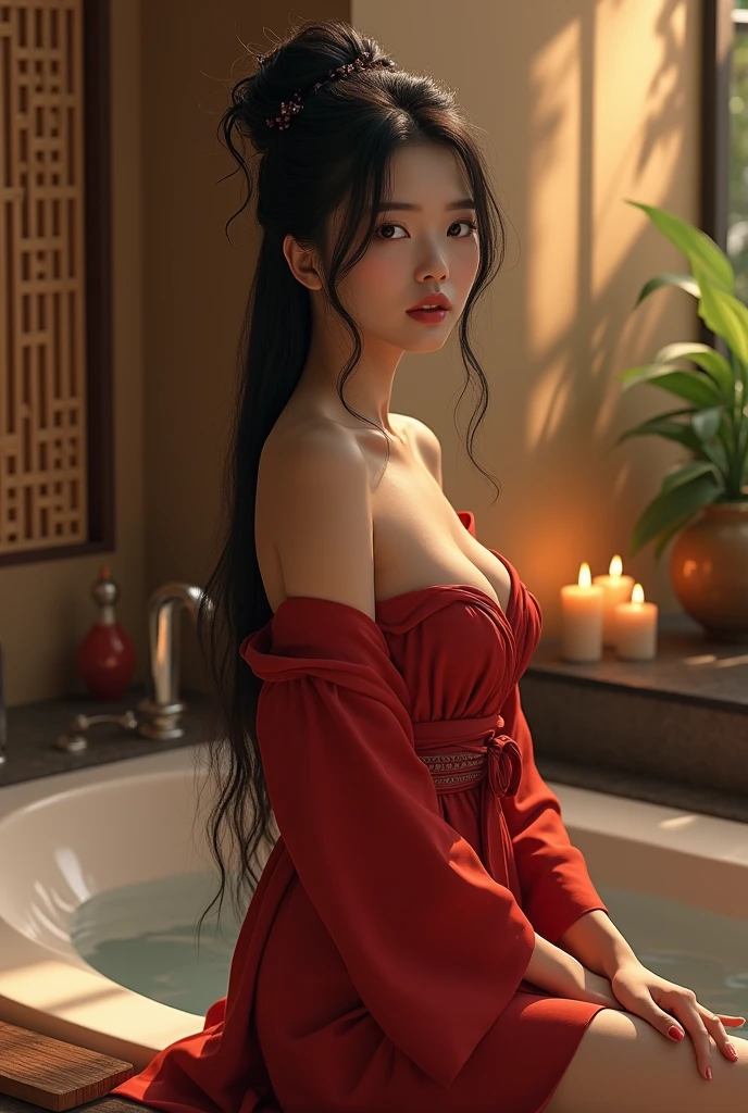 Ancient China, Tang Dynasty, a naked woman stands in a wooden bathtub in a room.