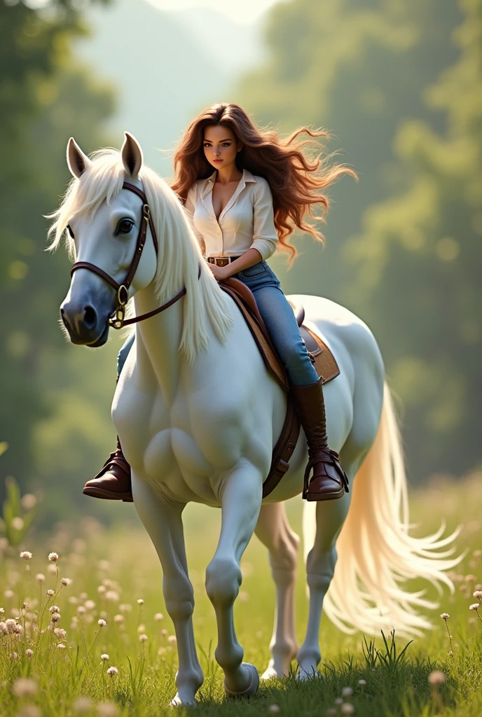  full figured very dark skinned nude African woman riding a big  Belgian draft horse  mare (side view). big bum. very short tail. horse facing horizon .   flat grass meadow. steaming horse dung behind horse.   cloudless blue sky. full side view