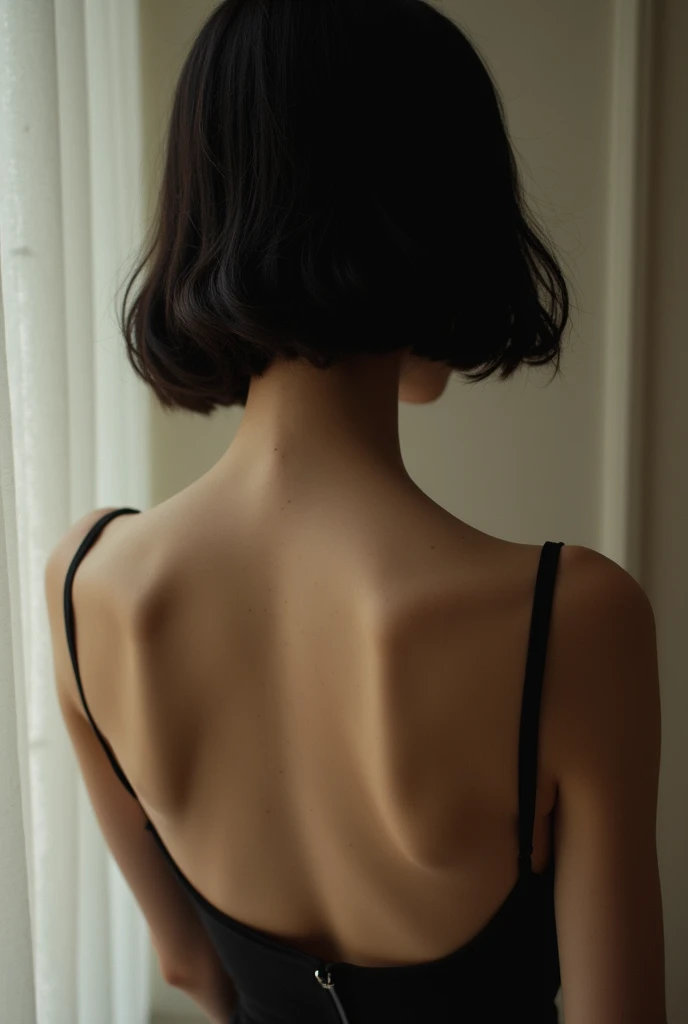 18 year old woman naked, sitting in a chair backwards, breasts above the backrest, it is possible to see her vagina under the backrest which is hollow