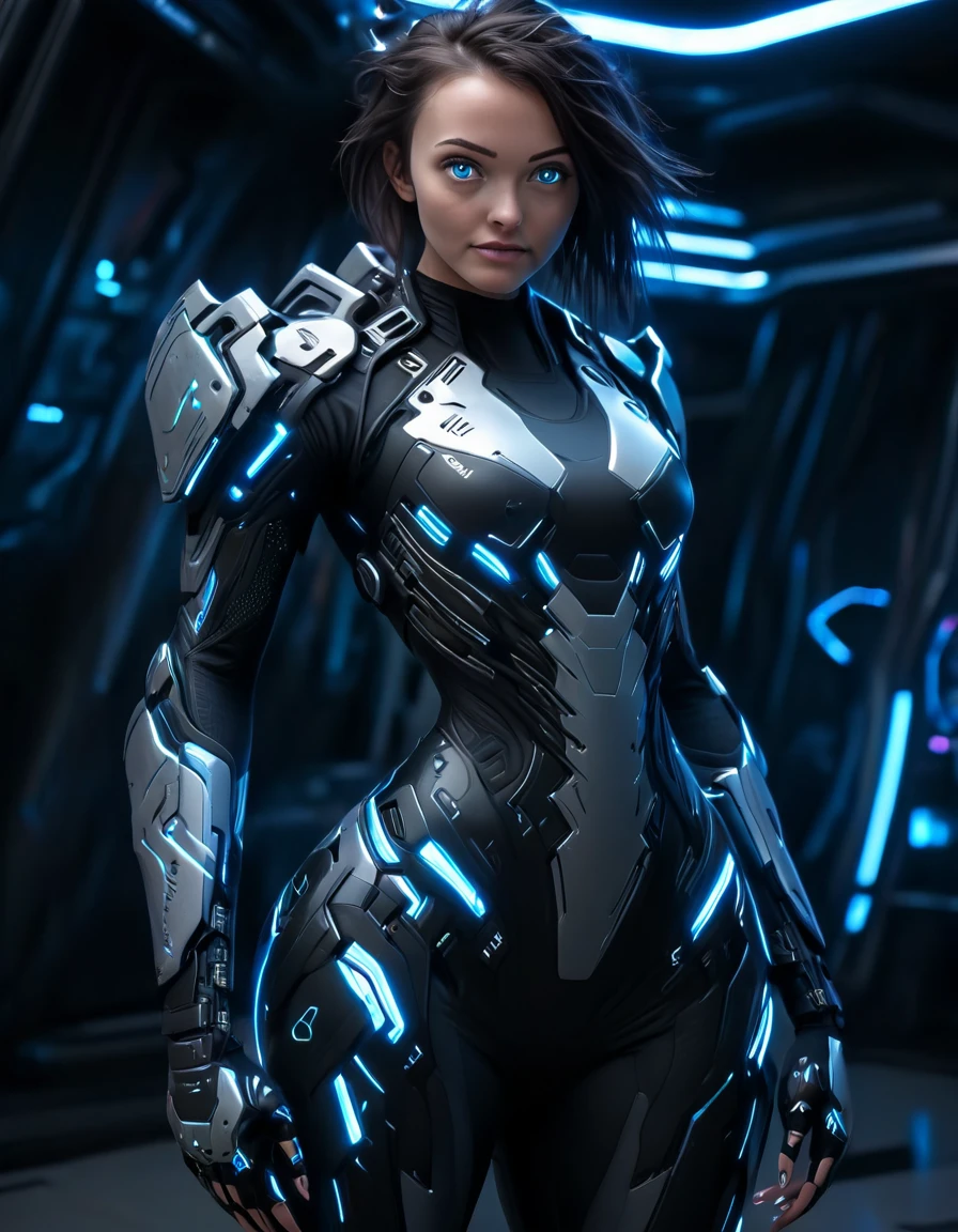 A woman wearing exoskeleton cyber armor, The armor fits snugly、((She has a plasma gun in her hand)), Full body photo, Maximum details, Superior quality through precise drawings, 8k,chest, blue eyes,  High resolution, 超High resolution, Best Quality, Shortcuts, Big chest, Cinematic Lighting Effects, Futuristic beautiful dark haired woman, Shining blue eyes, Cyberpunk style woman, ((High tech spaceship interior with blue light illumination)), High-quality images、Shortcuts, Brown Hair, Medium Hair, 