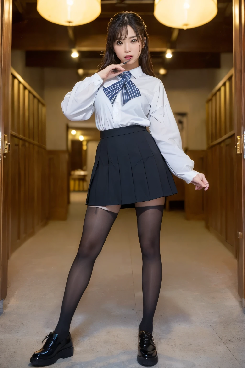 (shackles:1.3),(((masterpiece))), (8K, expensive_solve), (clear_image), Highly detailed CG, ((Highest quality), Beautiful eyes and fine face, (Long Hair,topknot,sideburns,dark brown hair,Big white ribbons of hair,bright,flower hair ornament),(bashful:1.6),(open mouth:0.8),gleaming skin,(sweat,perspired:1.6),over-kneehighs,black lowleg skirt,white collared shirt,bowtie