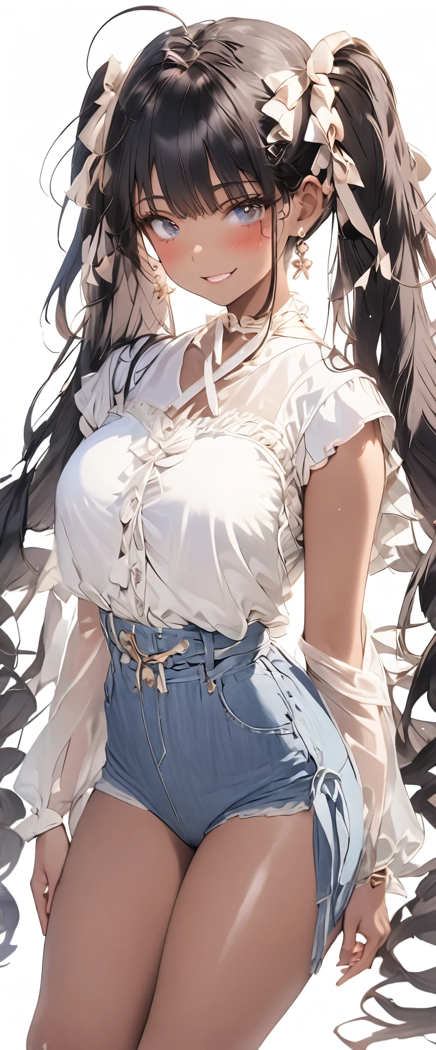 (Anime-style face), (((The waist ribbon blouse is light blue.))),(Great fitting deep blue distressed denim)、 ((Very brown skin:1.8)) ,1 female, masterpiece, Best Quality, Best Quality, 16k, Very detailed, 2.5D, AI-generated, Delicate and dynamic, Very delicate facial expression, Delicate eye depiction,Big eyes and cute、 Healthful, Height: 160cm, Cute beautiful breasts:.0.8,(Black hair twin tails:2.0), blush, ((Beautiful thighs)), Shiny, (Pure white background)、((Anatomically correct body))、(Very seductive to the viewer)(Focus is on the face)(The background is blurred:1.6)((Full body view:2.0))