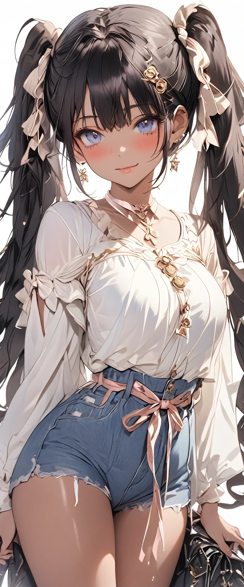 (Anime-style face), (((The waist ribbon blouse is light blue.))),(Great fitting deep blue distressed denim)、 ((Very brown skin:1.8)) ,1 female, masterpiece, Best Quality, Best Quality, 16k, Very detailed, 2.5D, AI-generated, Delicate and dynamic, Very delicate facial expression, Delicate eye depiction,Big eyes and cute、 Healthful, Height: 160cm, Cute beautiful breasts:.0.8,(Black hair twin tails:2.0), blush, ((Beautiful thighs)), Shiny, (Pure white background)、((Anatomically correct body))、(Very seductive to the viewer)(Focus is on the face)(The background is blurred:1.6)((Full body view:2.0))