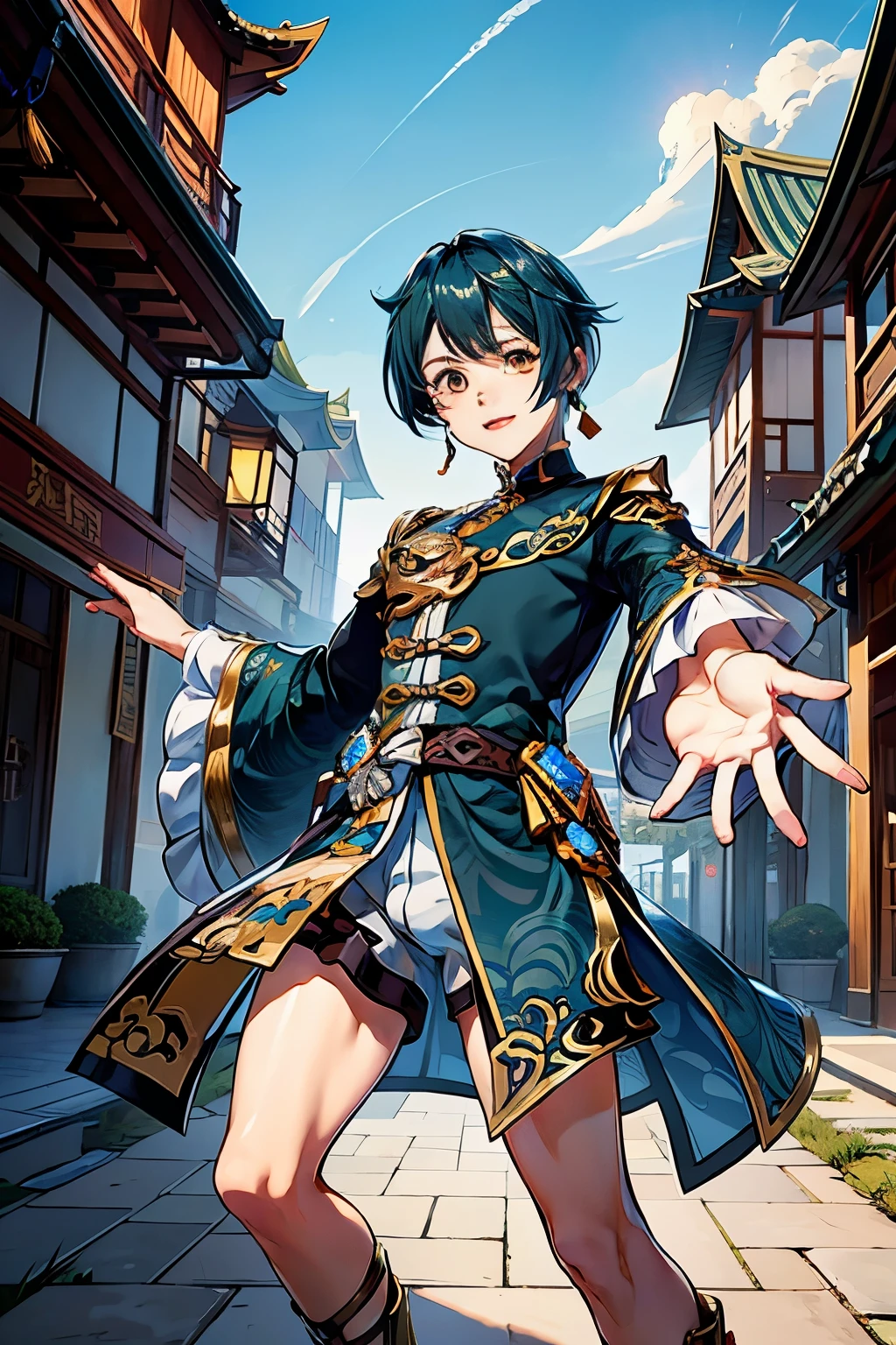 ((best quality)), ((masterpiece)), (detailed), 1boy, cute, genshin impact, Genshin Impact, game character, video game, (xingqiu), short blue hair, laugh, looking at viewer, close-up, Masterpiece, (atmospheric perspective), full body, (bulge:1.1), a boy waved his hand to me, outdoor, chinese old town atmosphere