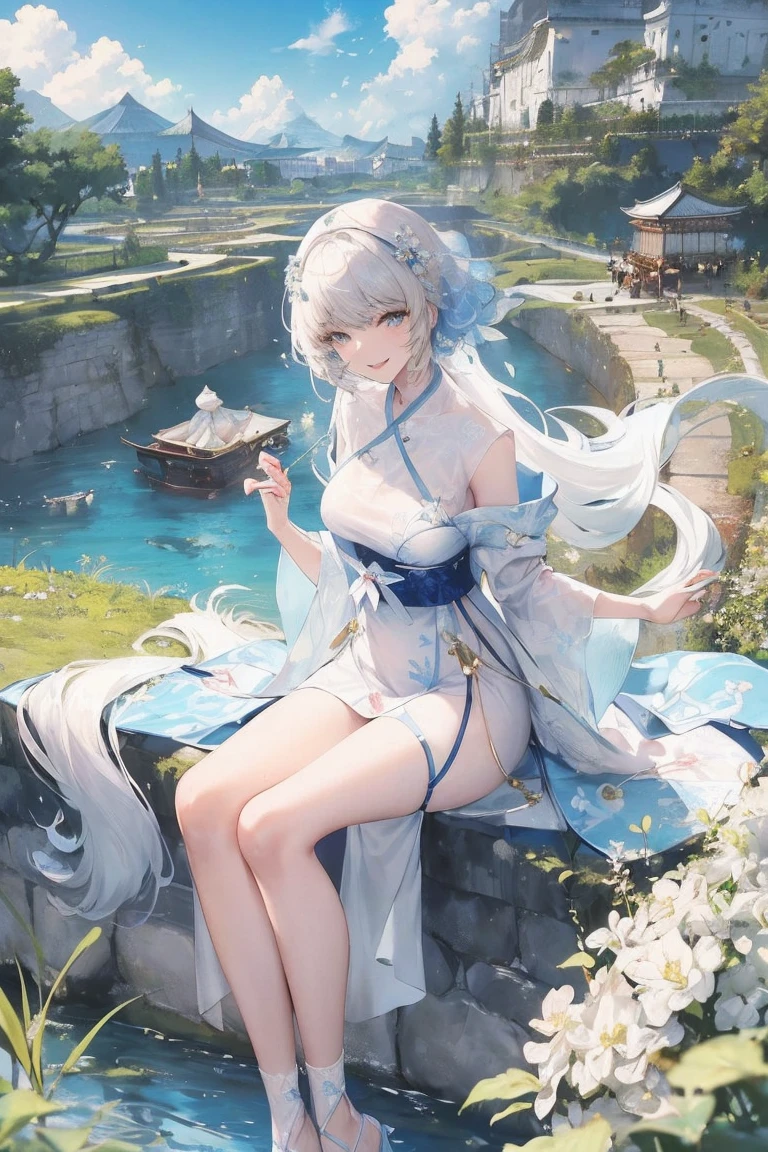 Highest quality, 8k, (Wide-angle lens),1 girl, (Mile Edelfelt),,Long silver hair,Emerald green eyes,Captivating smile, barefoot, China dress, erfly, butty hair accessory, backless dress, Chinese Language Services, 2倍good,Golden dragon pattern,barefoot,full moon,Elbow Bag,good, hair accessory,jewelry,Earrings,Beaded anklet,Thin legs,Manicure, Mid-chest, alone, それからManicure, Outdoor,Chinese style architecture, Chinese style, lake, Ancient Town, Beautiful and elaborate water,Red Lantern,Model pose