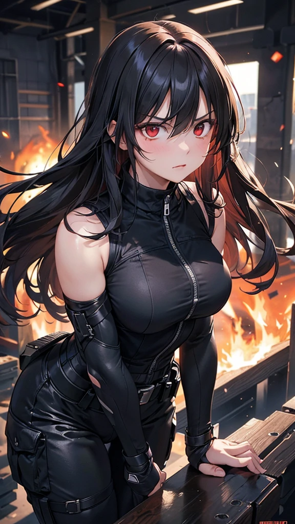 最high quality、Best image quality、masterpiece、girl((Age 25、 By becoming、Best Bust、Medium Bust,Wide open breast tea、Red glowing eyes,Black Hair、Red Mesh、Disheveled Hair、Lointail、thin,The highest valley、Open chest、Luminous Wristbands、hair ornaments、Show the whole body,Black tank top、Red Bandana、Military pantuscular、Survival knife、scar)),high quality、Beautiful art、background((Photography room))、Flight、Flying debris、Written boundary depth、movie、Visual Arts、Perfect art、8K,Genuine,