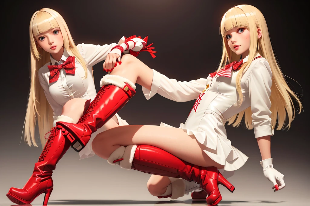 1girl,bangs,blonde hair,blunt bangs,boots,bowtie,fingerless gloves,high heel boots ,long hair,red bowtie,hime cut, white dress