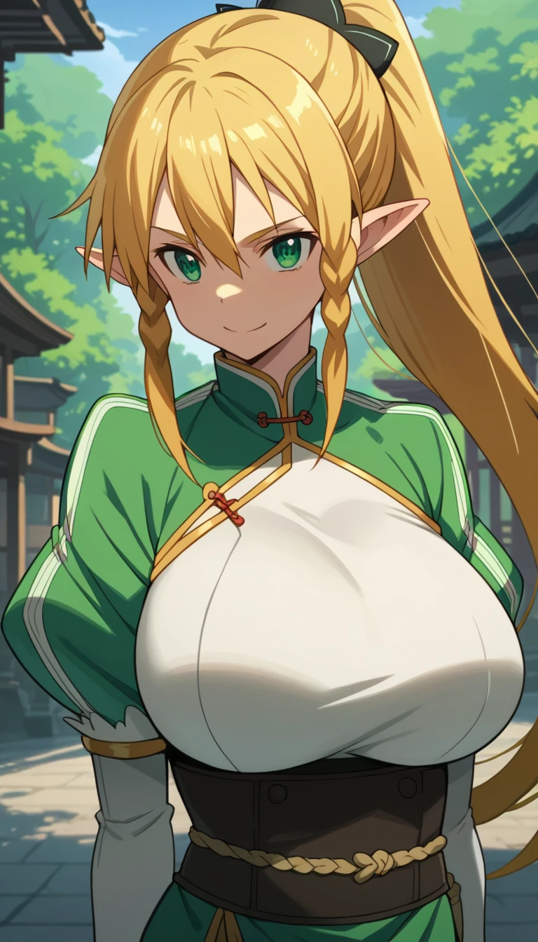 Score 9, Score 8 up, Score 7 up, The evaluation is questionable,
Detailed Background]], Glowing Skin,suguha kirigaya, long hair, blonde hair, hair between eyes, green eyes, ponytail, braid, pointy ears, chinese dress,posing,,Huge breasts,short of a person,whole body,thin,smiling,from front,outdoor,daytime,anime style,high quality,masterpiece,highly detailed