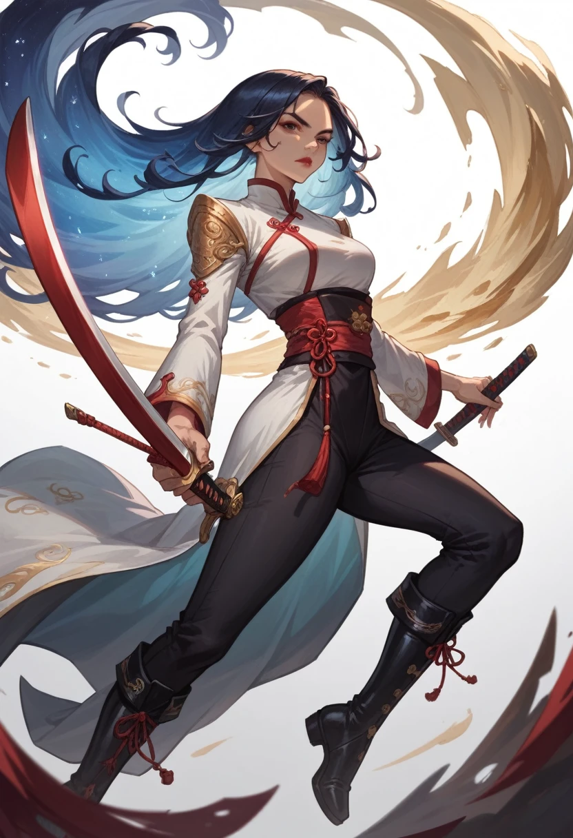 A young adult asian woman holding one light sword, no much skin, beautiful delicate face,lipstick, serious expression,longer hair, red and white asian floating clothes with golden details, not so tight black pants, black boots with no heels, more golden accessories, subtle light blue ethereal aura glowing in the sword, white background, illustration,concept art,