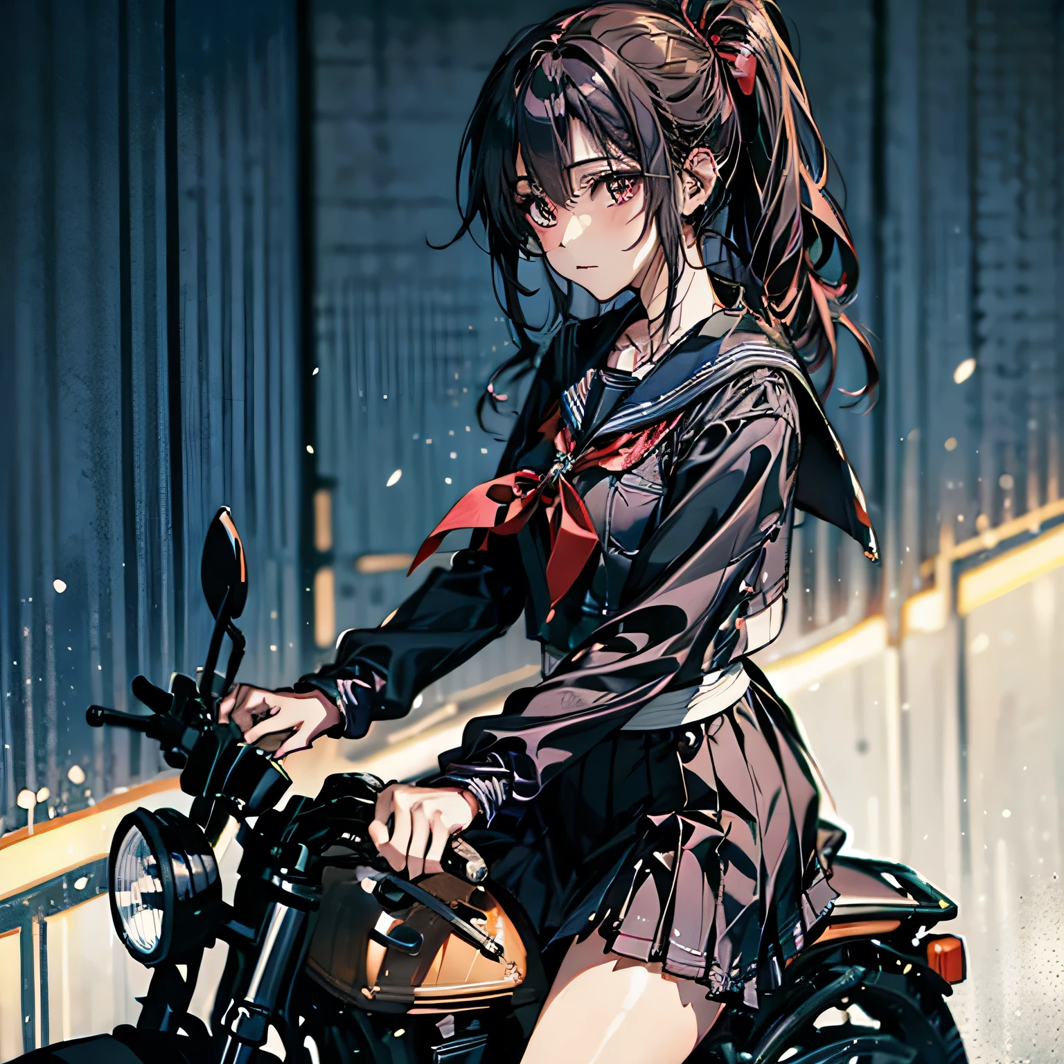 masterpiece, Highest quality, High resolution,alone, Very detailed,Detailed bike,Accurate human body、Knowledgeable person、Correct five-finger,Sailor suitを着たアニメの女の子が、Riding a motorcycle, Fluffy ponytail,Japanese girls uniform, Japanese School Uniform, high school girl, seifuku, Anime Girl Cosplay, riding on the mortarcycle, Sailor suit, beautiful anime high high school girl, JK Uniform, Girl in uniform, wearing Japanese School Uniform, Simple light background, Uniform soft illumination, Shadows are minimal, Quiet and tranquil atmosphere, Front view, Shallow depth of field, Well-balanced exposure