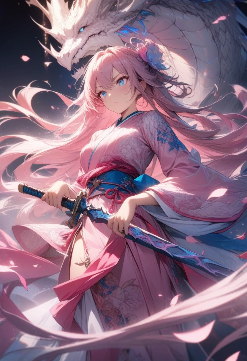 1girl,featuring a fantasy-themed character and a dragon,very long flowing hair,pink flower,white and pink kimono with floral patterns,intricate designs,holding a sword,determined expression,background showcases a majestic white dragon with blue accents coiled around her, floating pink petals, dynamic and ethereal atmosphere, (masterpiece:1.7), (best quality:1.5), (ultra-detailed), very aesthetic, illustration, disheveled hair, perfect composition, moist skin, intricate details