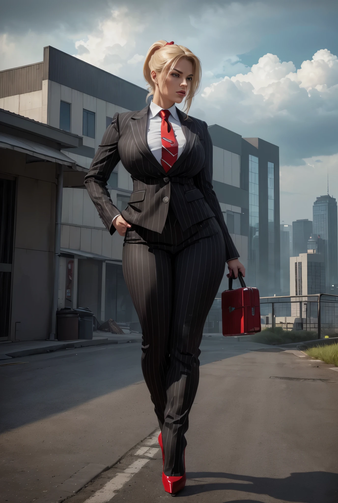 Two women aged 20 each wearing grey pinstriped trouser suits, white shirts heels and a larger paisley necktie. Large breast Young adult 1 woman, beautiful curves a massive curvy thighs blonde ponytail red lips wearing a perfect crimson pinstriped suit and blazer with a ((massive thick and massive red necktie, windosr knot the size of a fist)) white crisp shirt, massive breasts. Black Platform high heels, colossal breasts. Platform high heels , standing, most detailed, perfect face, Two legs, Five fingers, short hair, High resolution, highest quality, masterpiece,(masterpiece, best quality, best shadows, best shading, perfect hands, perfect face, cinematic lighting, colorful, ultra-detailed, beautiful photography, character focus, extremely-detailed, photorealistic, hyper photorealism, atmospheric), ), (office boss), (((walking, mid stride:1.2, stepping down on:1.2, stomping, crush, rampage)), (black patent Louboutin rounded toe pumps, high heels, platform heels), ((,)), ((long ponytail hair with front bangs)), (high altitude photography, satellite view), (curvy, , heaving bosom, legs), (mega city, urban sprawl, and small towns, buildings, roads), (((cloudy, overcast, clouds and atmosphere partly obscuring the subject:1.2, hazy atmosphere, haze in foreground, wispy clouds)))