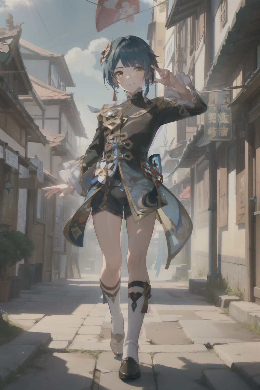 ((best quality)), ((masterpiece)), (detailed), 1boy, cute, genshin impact, Genshin Impact, game character, video game, (xingqiu), short blue hair, laugh, looking at viewer, close-up, Masterpiece, (atmospheric perspective), full body, (bulge:1.1), a boy waved his hand to me, outdoor, chinese old town atmosphere