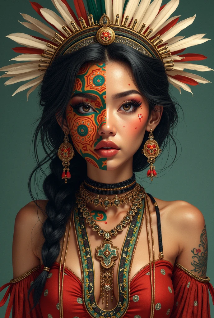 a close up of a woman with a headdress and tattoos, a character portrait inspired by Hedi Xandt, trending on cgsociety, afrofuturism, aztec princess portrait, tribal makeup, aztec warrior goddess, tribal piercing and tatoos, tribal facepaint, gothic maiden shaman, amazon warrior, tribal style, aztec queen, wholesome techno - shaman lady, warrior woman