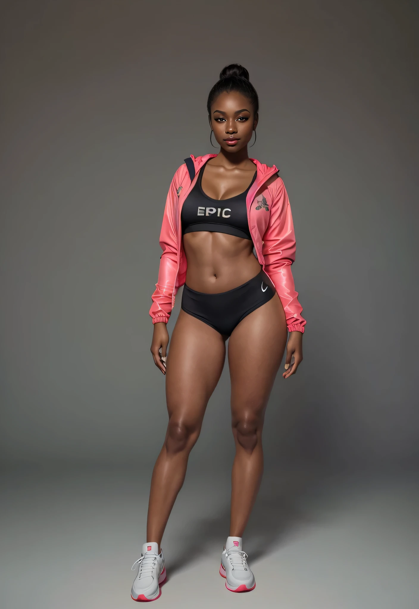 HUGE ASS, BIG HUGE BOOTY THIGHS paired with thin tapered tiny waist, shapely dark skin Goddess, epic, short translucent sports jacket + paired with long leg warmers, stunning 8K UHD, bright neon city, best quality, brightly lit face, beautiful detailed eyes, beautiful detailed lips, extremely detailed face and eyes, long eyelashes, detailed clothing, brand cover, photo realistic lighting, happy expression, cinematic volumetric fog, no nudity, a very cohesive symmetrical piece of art, by range murata, Artgerm, digital illustration, Beautiful, Realism, UHD, retina, masterpiece, accurate, anatomically correct, textured skin, super detail, high details, high quality, award winning, best quality, highres, 1080P