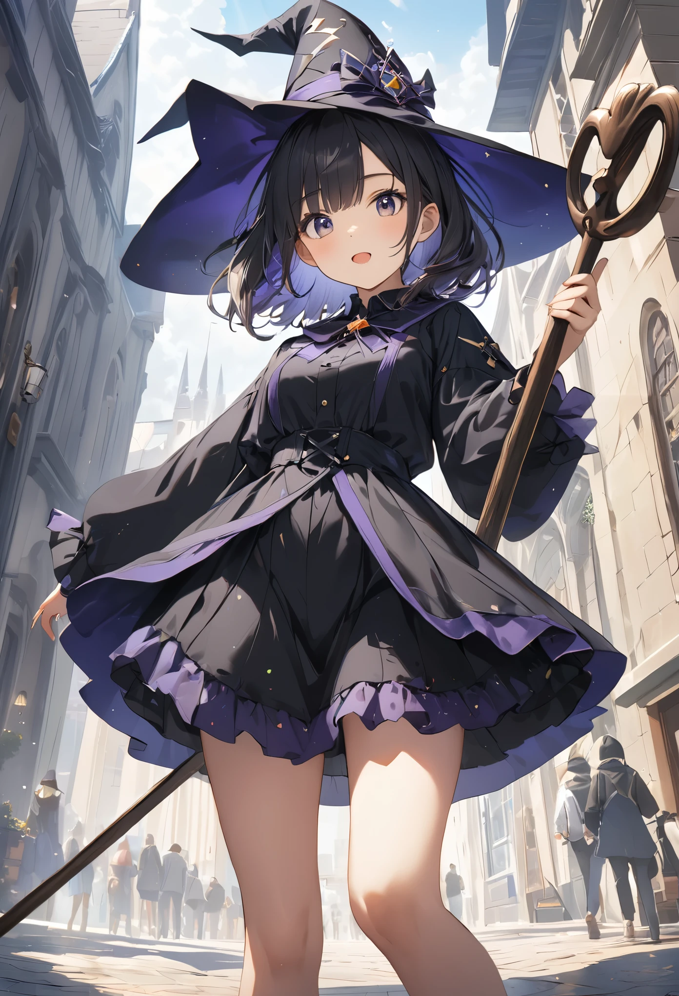 Masterpiece, hd, 1girl, cute girl, ** y.o, small breasts, wearing witch Costume, witch hat, medium hair, brown hair, witch hat, blue eyes, collared shirt, hair between eyes, white shirt, ribbon, red ribbon, bangs, teeth, neck ribbon, bow, witch, witch robes, blush, hood, yellow bow, jewelry, floating hair, yellow bowtie, shiny hair, bowtie, black robe, wing collar, open robe, dress shirt, walking, fullbody, black boots, wearing brown backpack, wearing randoseru backpack, (randoseru backpack:1.2), square backpack