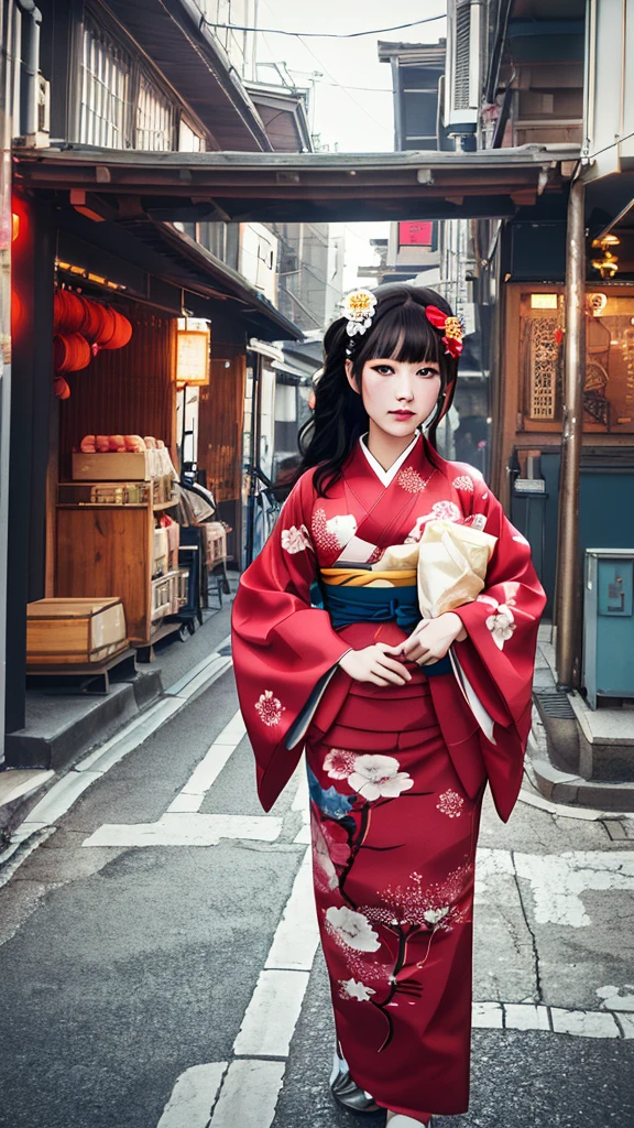 {Best Quality}, {very aesthetic}, {Ultra-detailed}, {Best Illustration}, japanese kimono, red kimono, In the street, A dark-haired