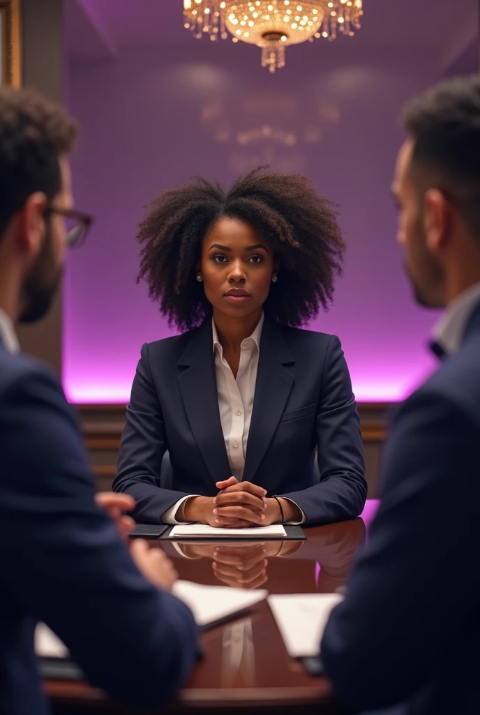 A beautiful black woman is very scared and anxious sitting with her business partners