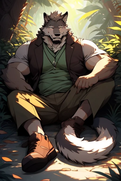 A Little Muscular Furry style Gray Wolf. There is a lots of Big Bushes Around him. he wears a brown jacket. he is smiling while looking at the viewer. he is sitting on the ground and in the middle of the Bushes That's Around him. It's In the afternoon. his tail is very long and puffier