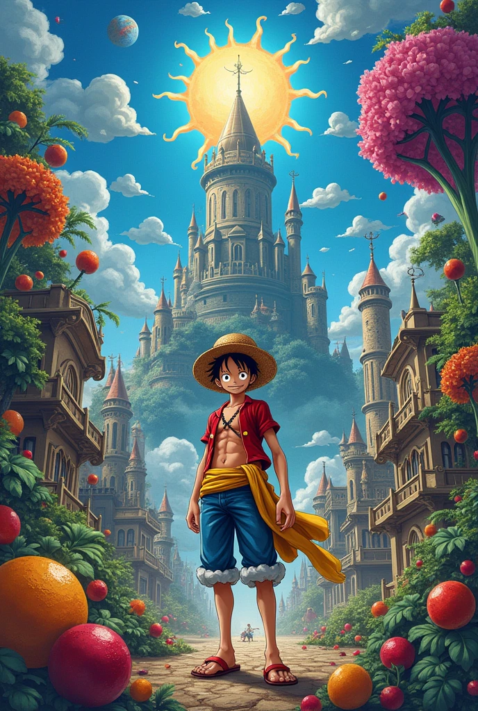 Landscape with abstract colors but with Luffy in it

